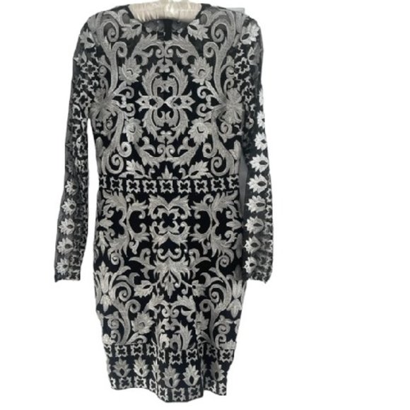 Unique Nicole Miller Scroll Embroidery Illusion Dress, Black/Silver Color Size 0 - Picture 3 of 8